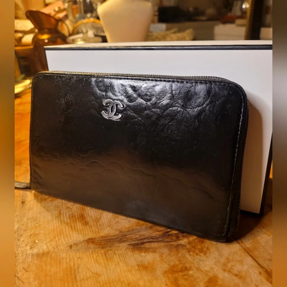 Chanel Lambskin Camelia Embossed Large Black Wallet/ Clutch
